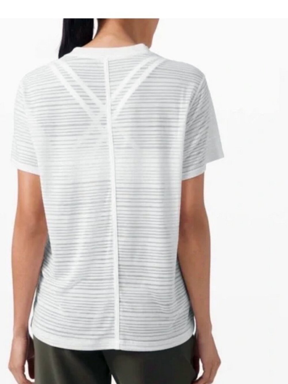 White Gray Stripe Semi‑Sheer Athletic Short Sleeve Tee Yoga Active Top Women’s - Picture 2 of 2